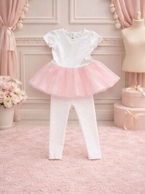 Girl’s pink matching set tutu dress  leggings off white  Miniclasix 24 months